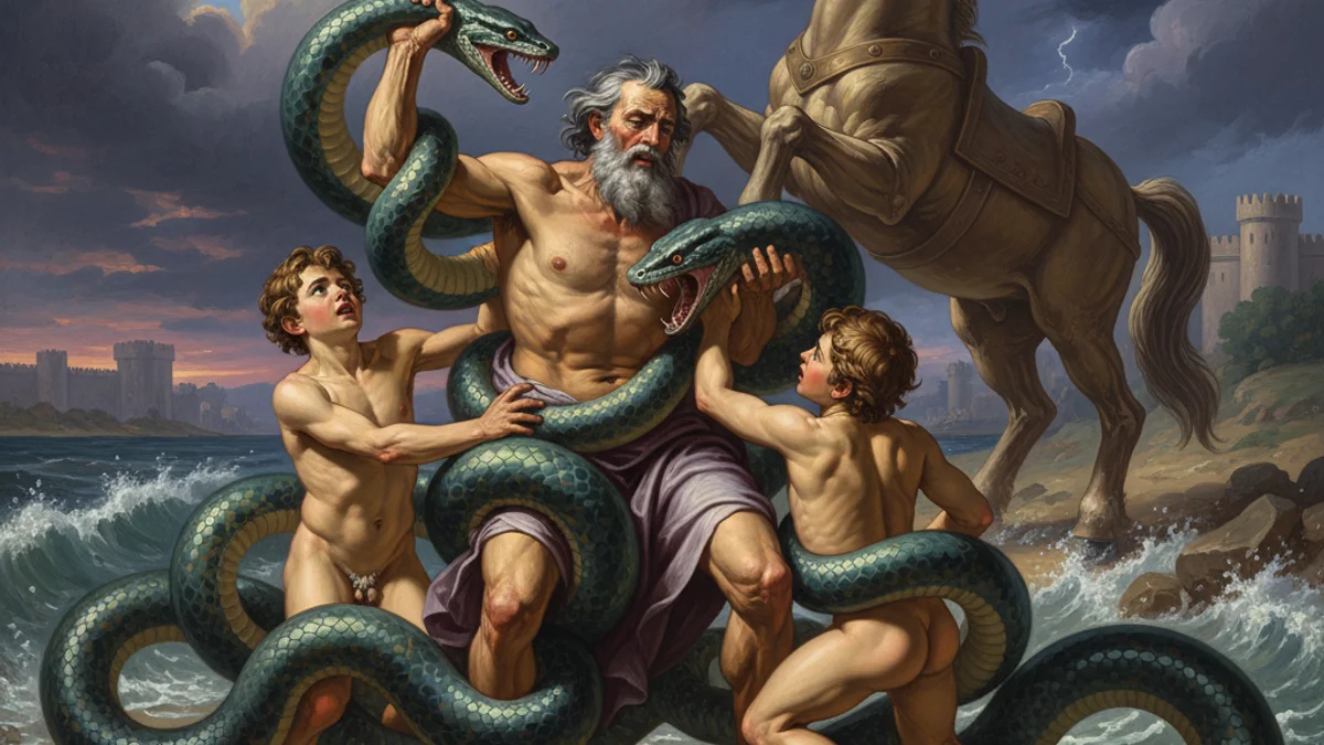 Illustration for Laocoon and the Serpents - a famous myths Greek Myths story with moral lessons