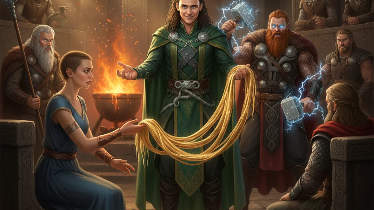 Loki and Sif's Hair - Aesir Gods story illustration from Norse Myths