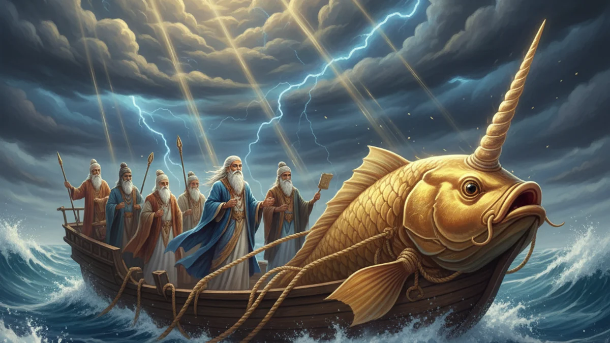 Manu and the Fish - Flood Myths story illustration from Cross-Cultural Themes
