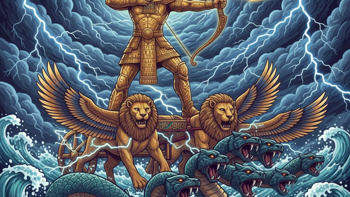 Marduk Slays Tiamat - Sumerian Gods story illustration from Mesopotamian Mythology