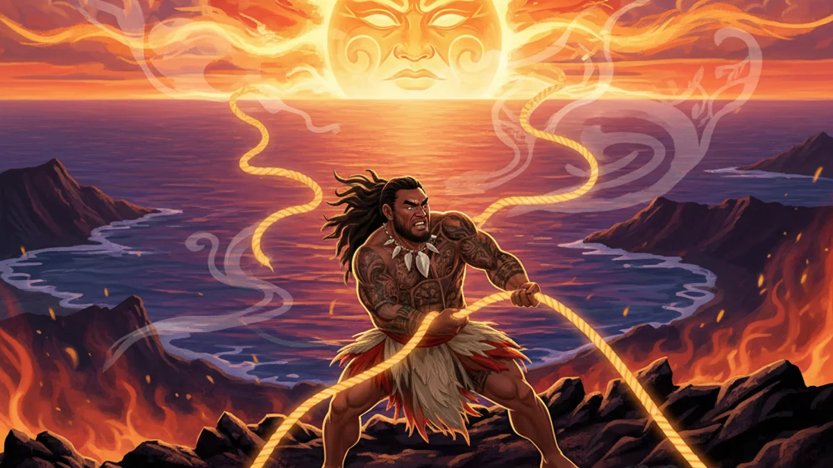 Maui Slows the Sun - Maui Legends story illustration from Polynesian Mythology