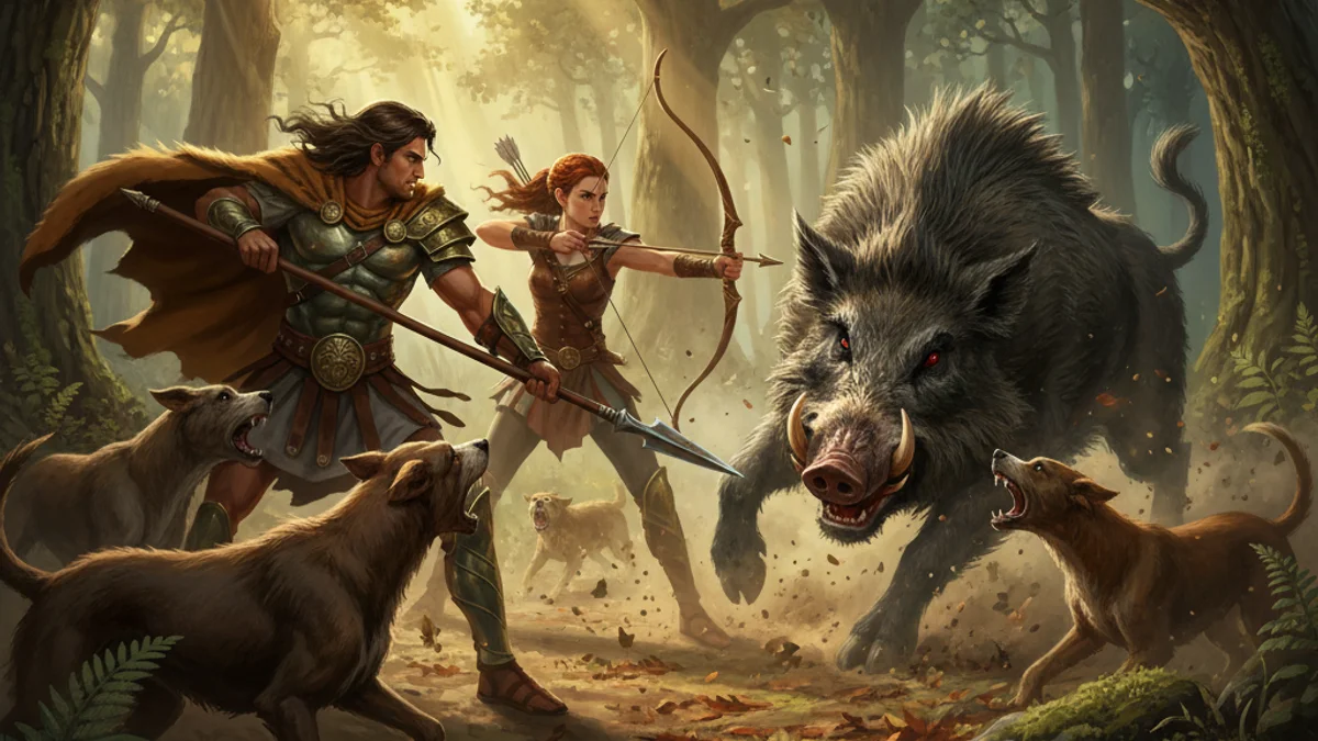 Illustration for Meleager and the Calydonian Boar - a heroes Greek Myths story with moral lessons