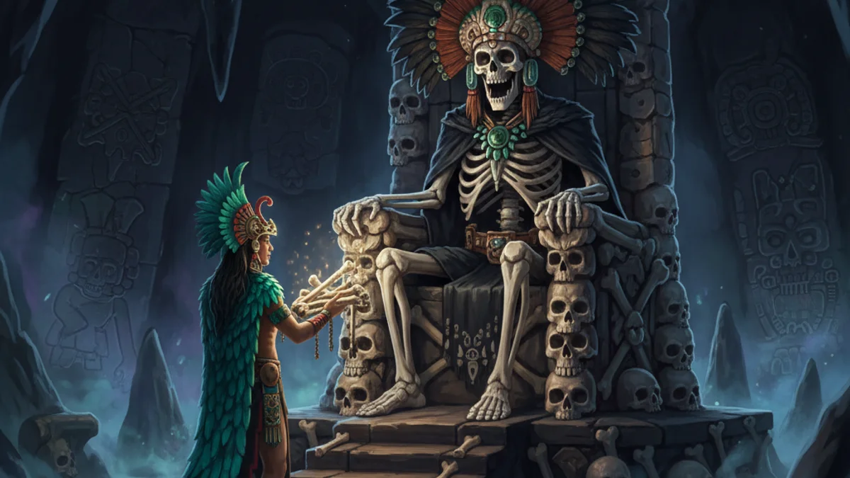 Illustration for Mictlantecuhtli Lord of the Dead - a aztec gods Mayan and Aztec Mythology story with moral lessons