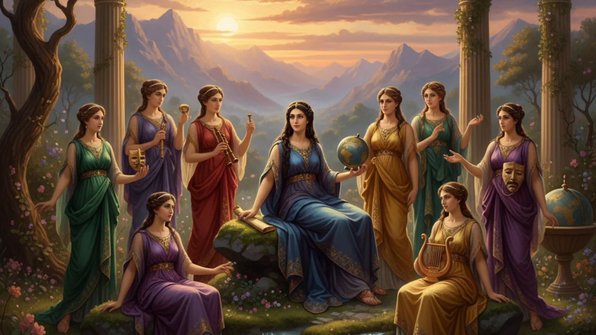 Illustration for Mnemosyne and the Muses - a titans Greek Myths story with moral lessons