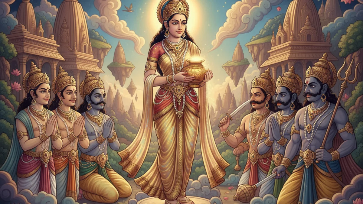 Mohini and the Amrita - Stories of Vishnu and Shiva story illustration from Hindu Puranas