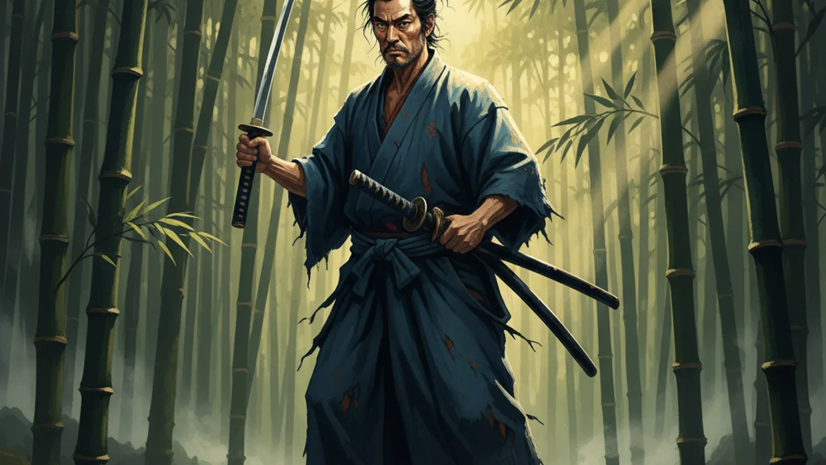 Illustration for Musashi and the Two Swords - a legends of miyamoto musashi Japanese Samurai Legends story with moral lessons
