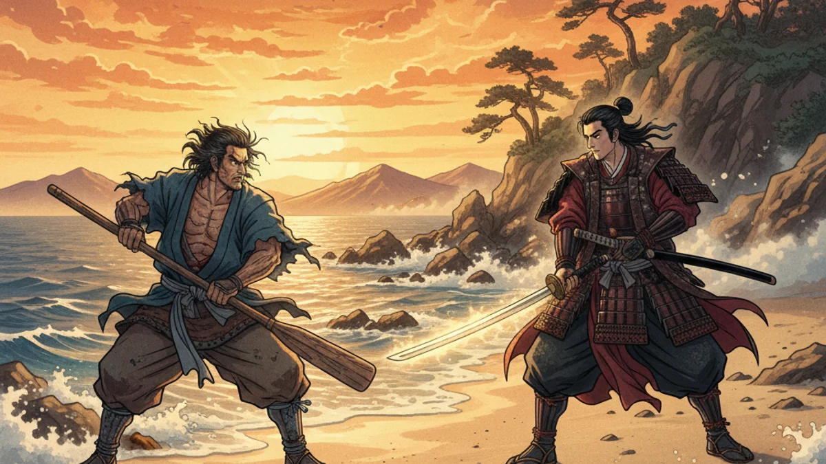 Musashi's Duel at Ganryu Island - Legends of Miyamoto Musashi story illustration from Japanese Samurai Legends