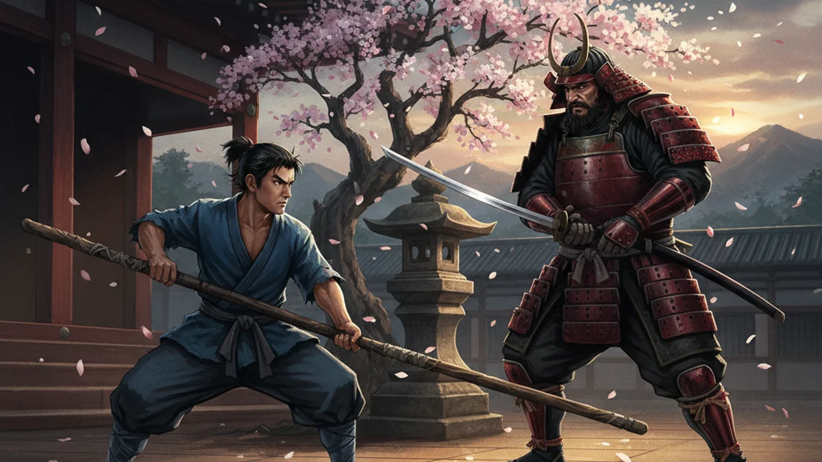 Musashi's First Duel - Legends of Miyamoto Musashi story illustration from Japanese Samurai Legends