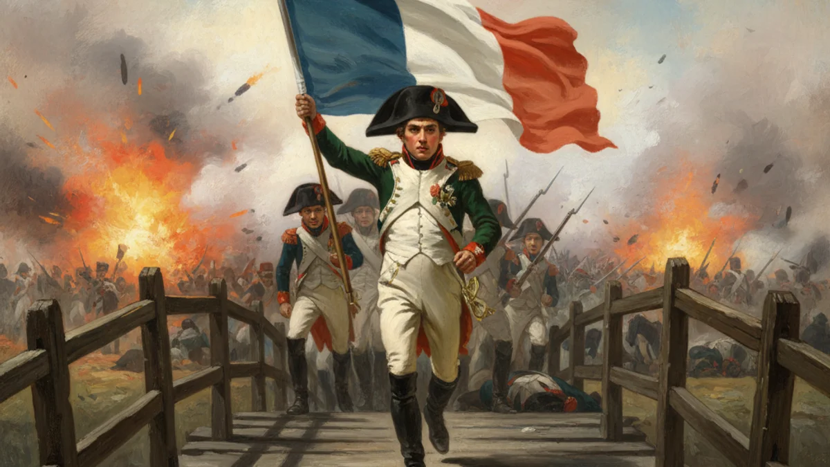 Illustration for Napoleon at the Bridge of Arcole - a napoleon leadership stories Tales of Historical Figures story with moral lessons