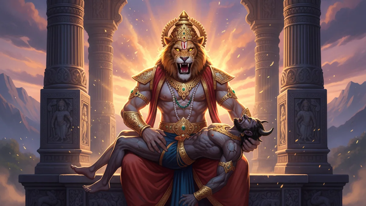 Narasimha Defeats Hiranyakashipu - Stories of Vishnu and Shiva story illustration from Hindu Puranas