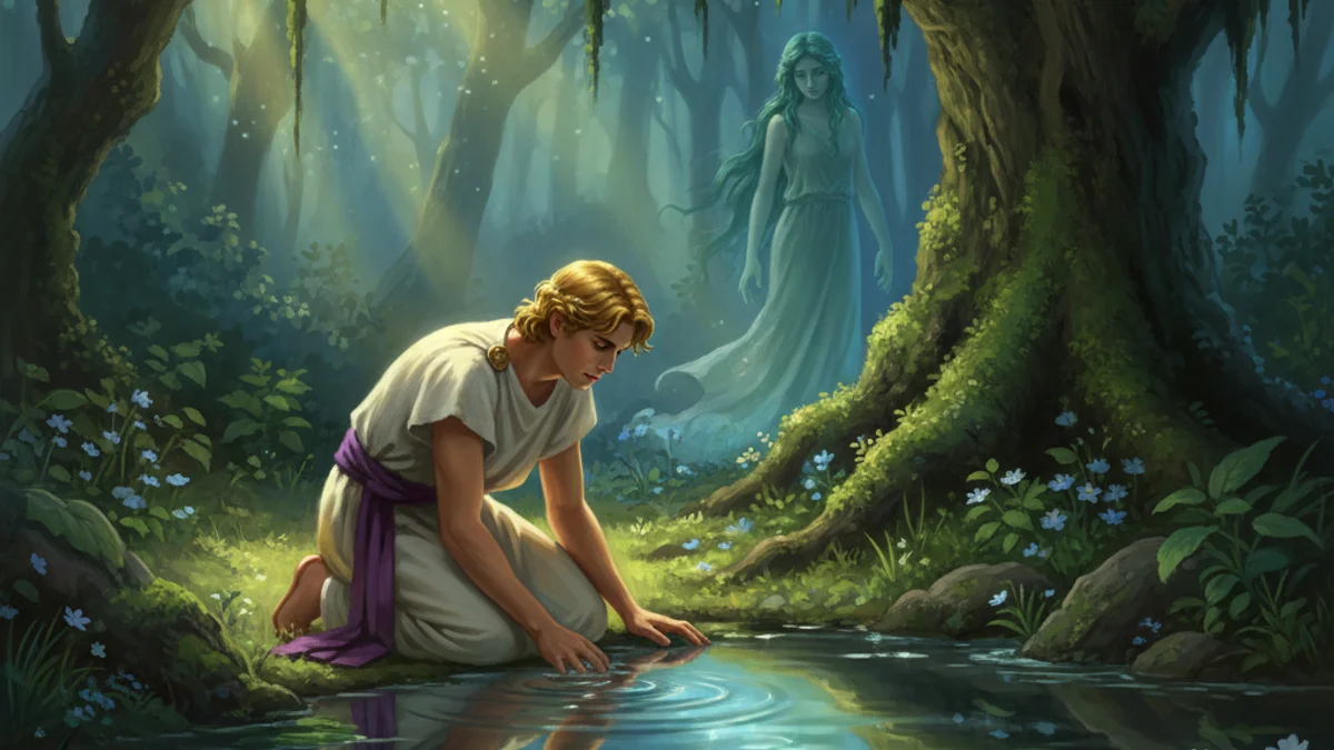 Illustration for Narcissus and Echo - a famous myths Greek Myths story with moral lessons