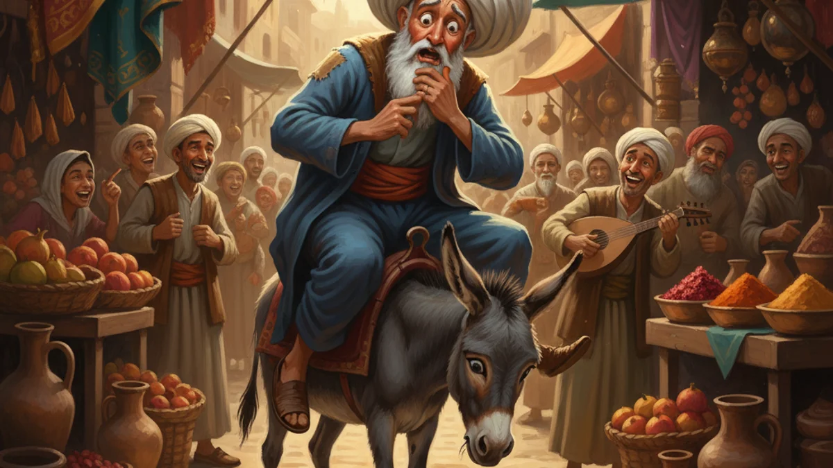 Illustration for Nasrudin and the Donkey - a mulla nasrudin tales Sufi Parables story with moral lessons