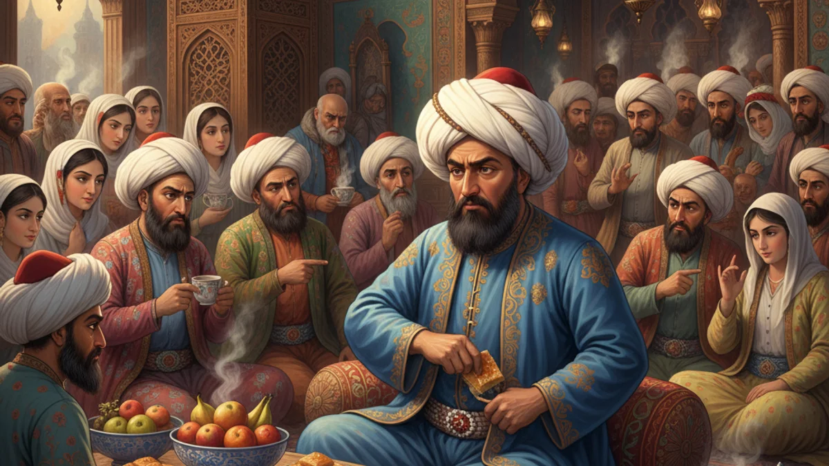 Illustration for Nasrudin at the Tea House - a mulla nasrudin tales Sufi Parables story with moral lessons