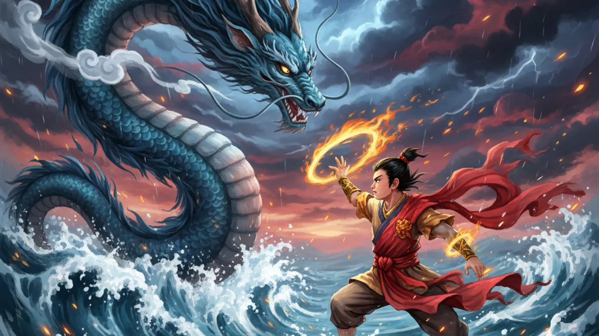 Illustration for Ne Zha Conquers the Dragon King - a additional tales Chinese Legends story with moral lessons