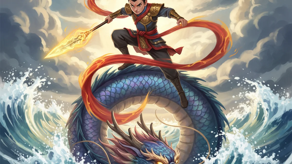 Illustration for Nezha and the Dragon King - a immortals of chinese folklore Chinese Legends story with moral lessons