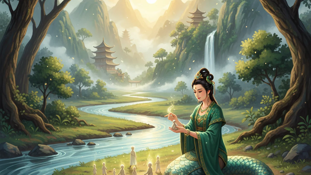 Illustration for Nuwa Creates Humanity - a creation myths Chinese Legends story with moral lessons
