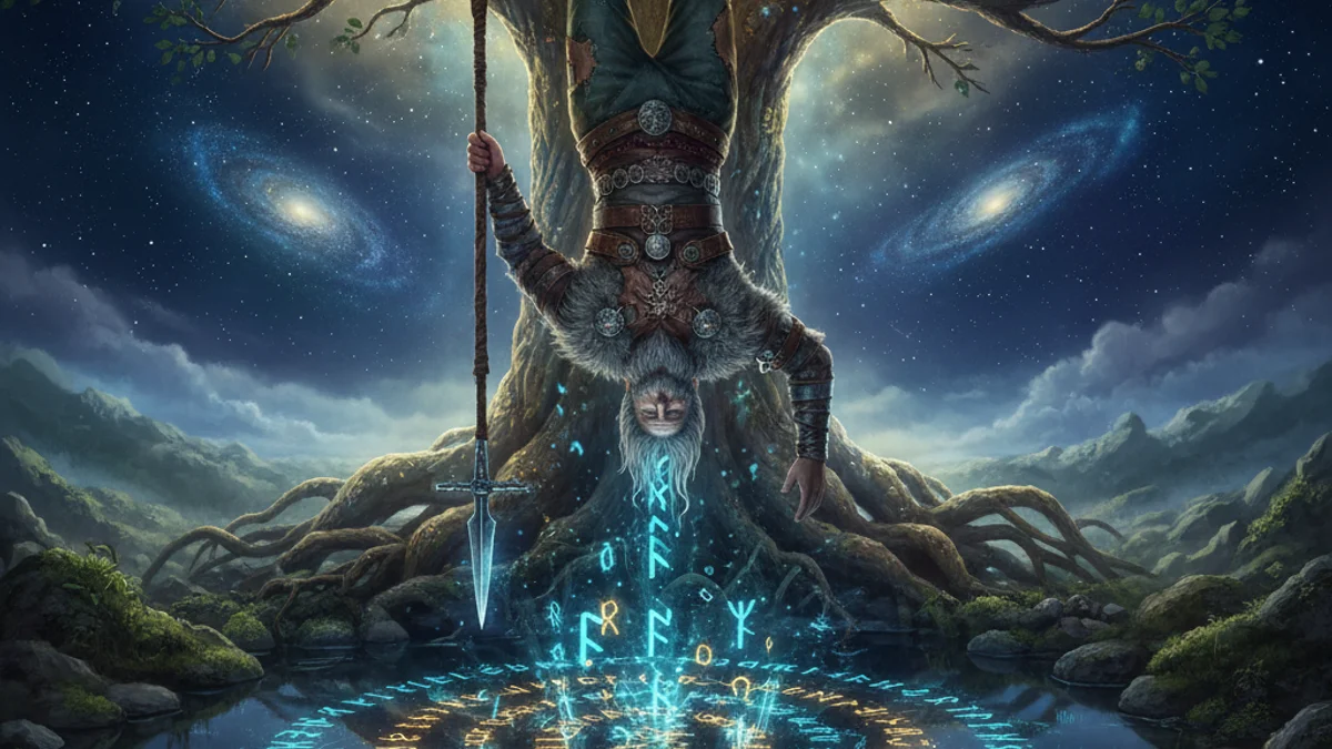 Illustration for Odin Discovers the Runes - a aesir gods Norse Myths story with moral lessons