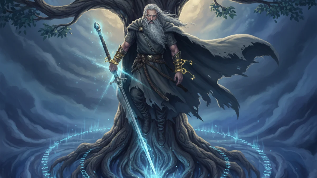 Illustration for Odin Hangs on Yggdrasil - a aesir gods Norse Myths story with moral lessons