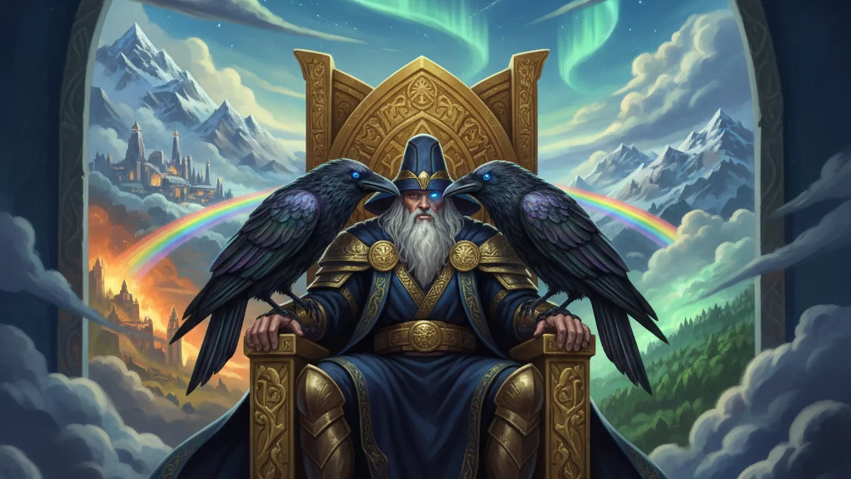 Odin's Ravens Huginn and Muninn - Aesir Gods story illustration from Norse Myths