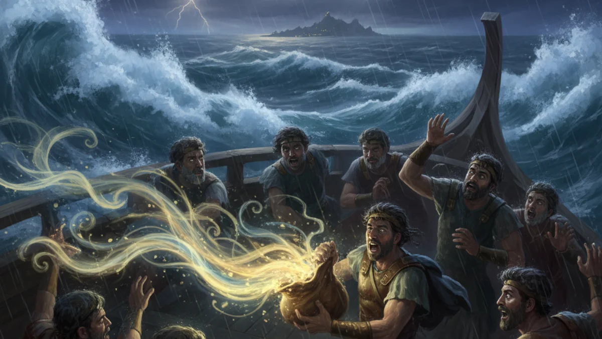 Illustration for Odysseus and Aeolus - a heroes Greek Myths story with moral lessons