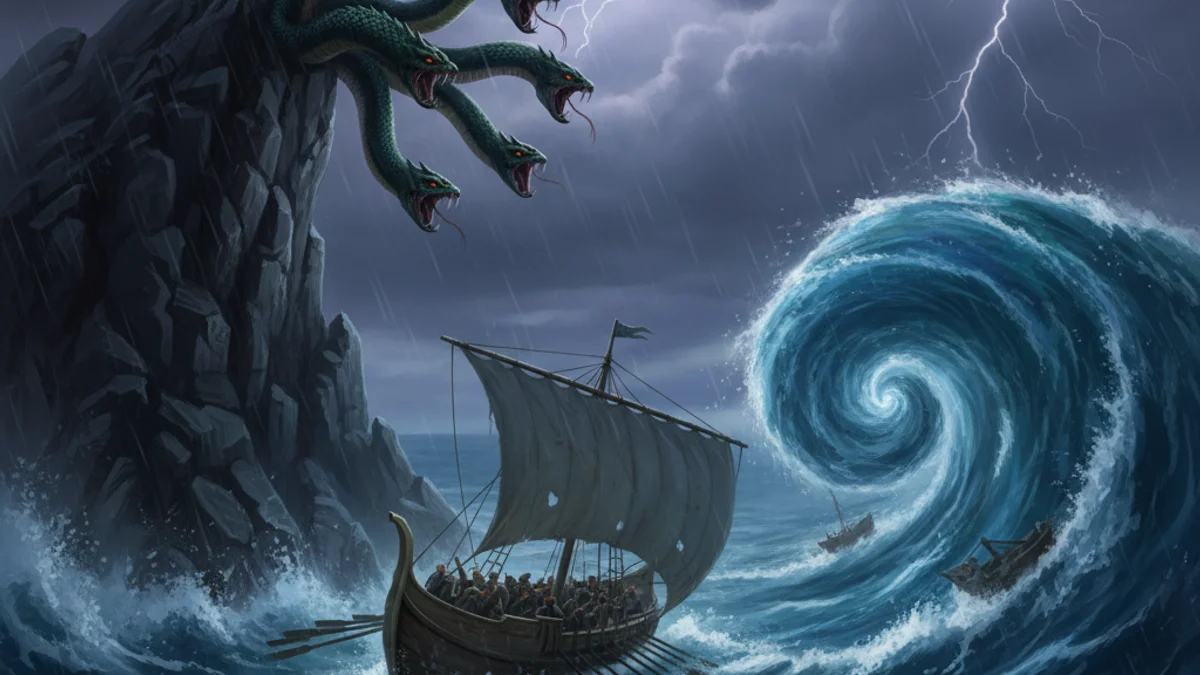 Illustration for Odysseus and Scylla and Charybdis - a heroes Greek Myths story with moral lessons