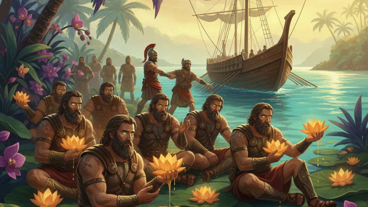 Illustration for Odysseus and the Lotus Eaters - a heroes Greek Myths story with moral lessons