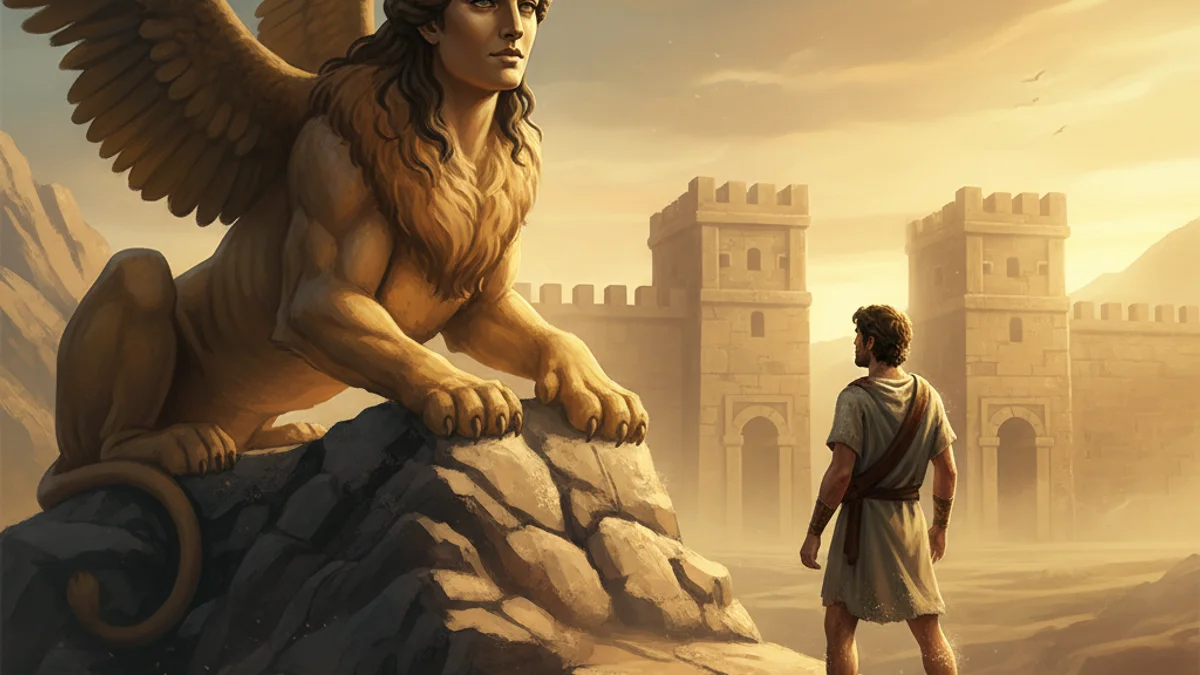 Illustration for Oedipus and the Sphinx - a heroes Greek Myths story with moral lessons