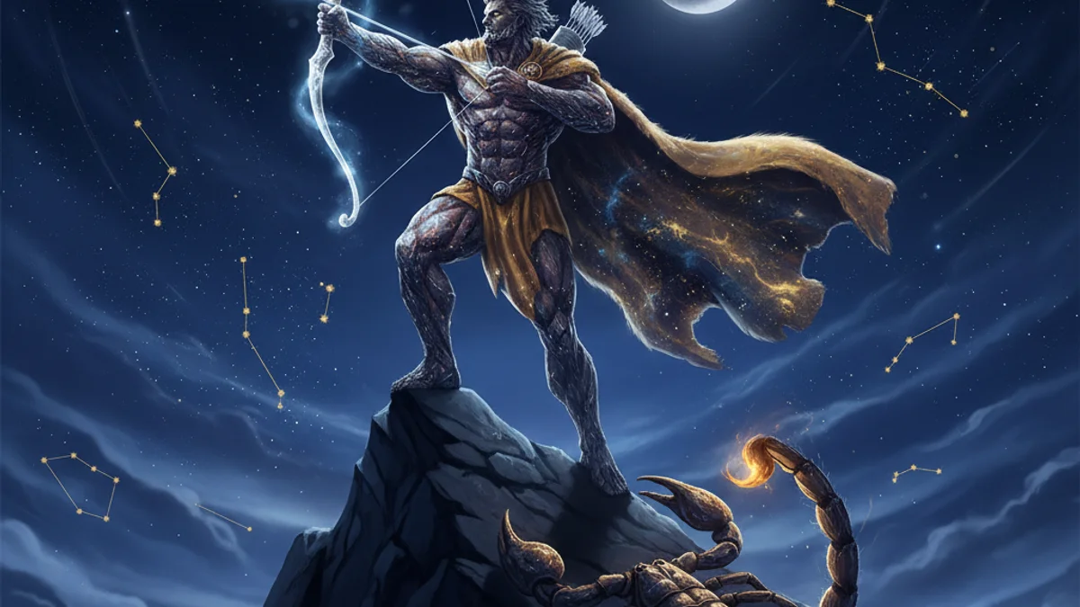 Illustration for Orion the Hunter's Story - a constellation myths Cross-Cultural Themes story with moral lessons