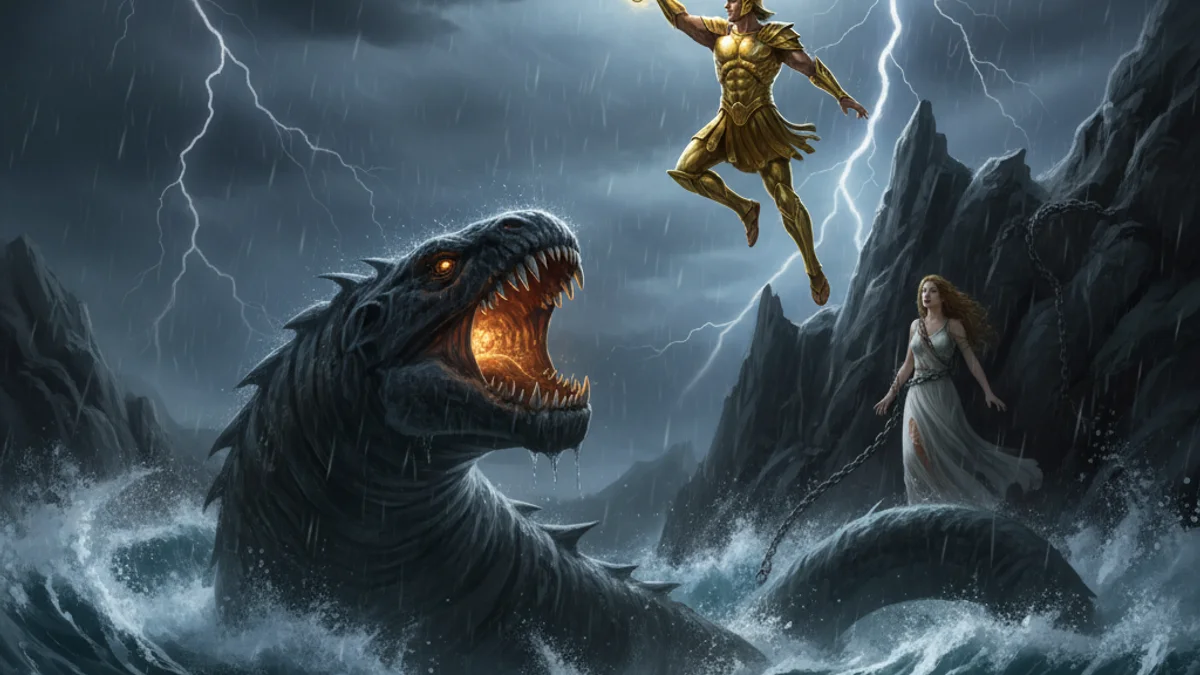 Illustration for Perseus and Andromeda - a heroes Greek Myths story with moral lessons