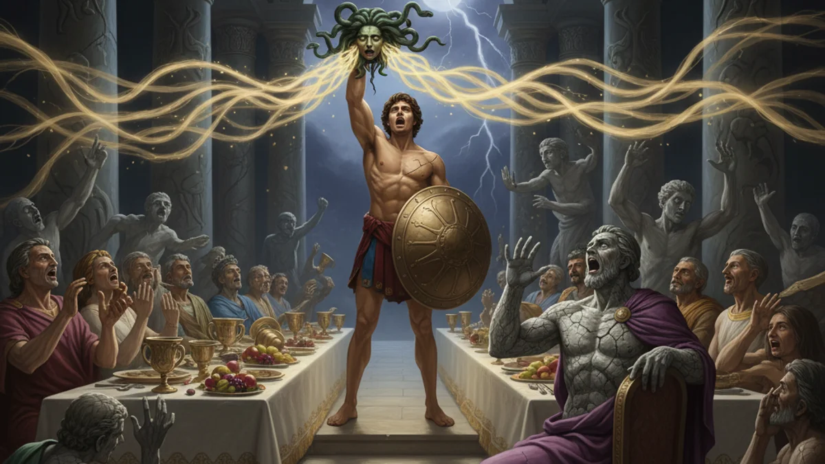 Illustration for Perseus and Polydectes - a heroes Greek Myths story with moral lessons