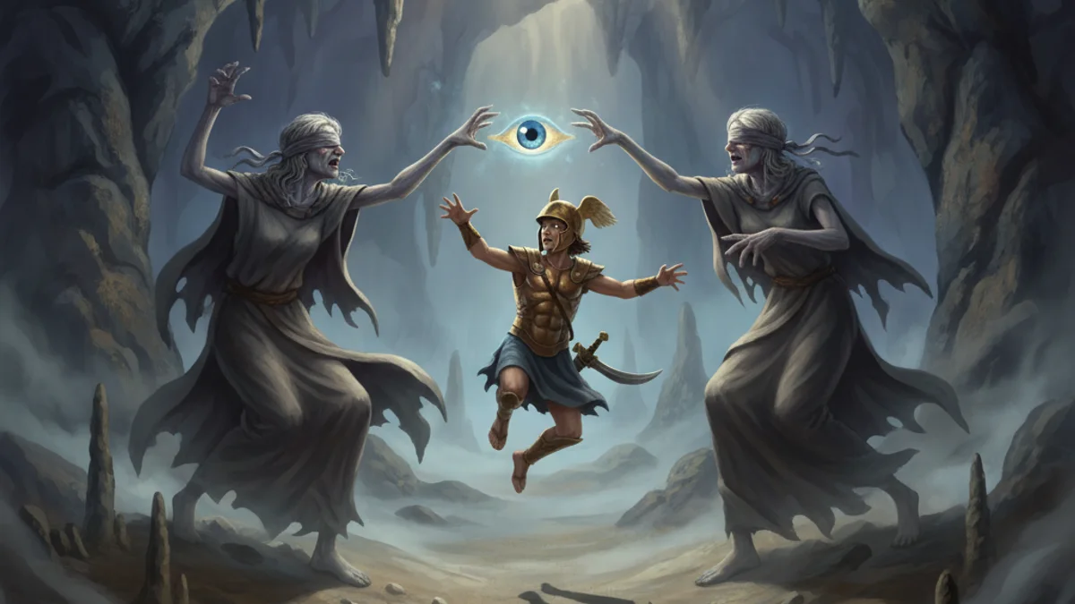 Illustration for Perseus and the Grey Sisters - a heroes Greek Myths story with moral lessons