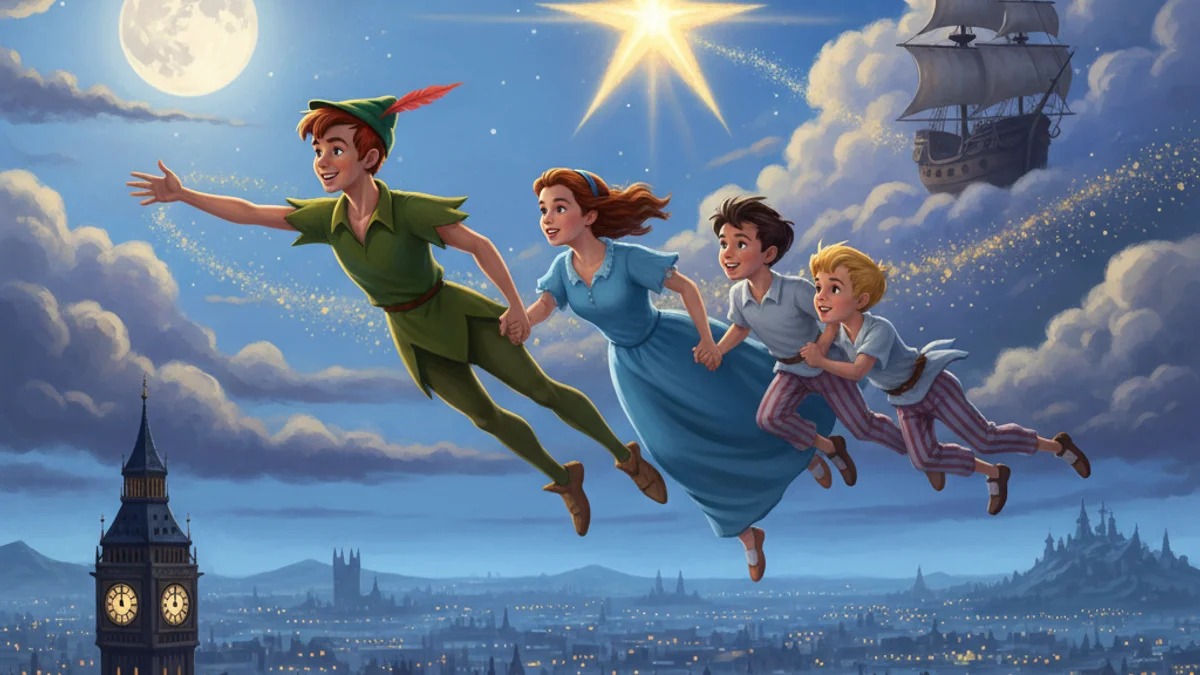 Illustration for Peter Pan and Wendy - a classic literature tales European Folklore story with moral lessons