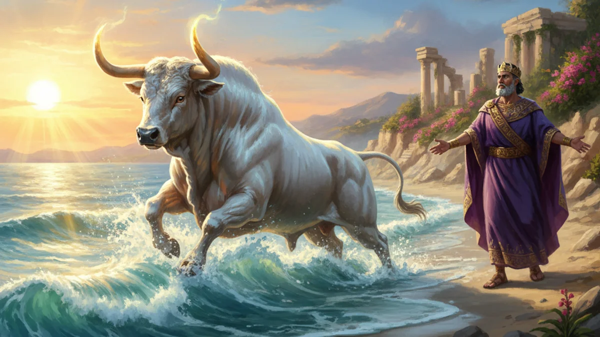 Illustration for Poseidon and the Minotaur - a olympian gods Greek Myths story with moral lessons