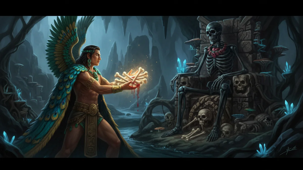 Quetzalcoatl Creates Humanity - Aztec Gods story illustration from Mayan and Aztec Mythology