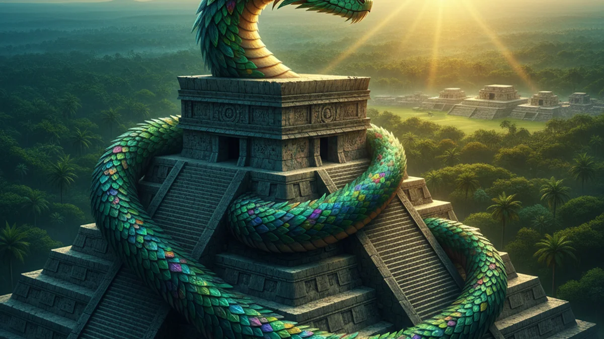 Quetzalcoatl the Feathered Serpent - Aztec Gods story illustration from Mayan and Aztec Mythology