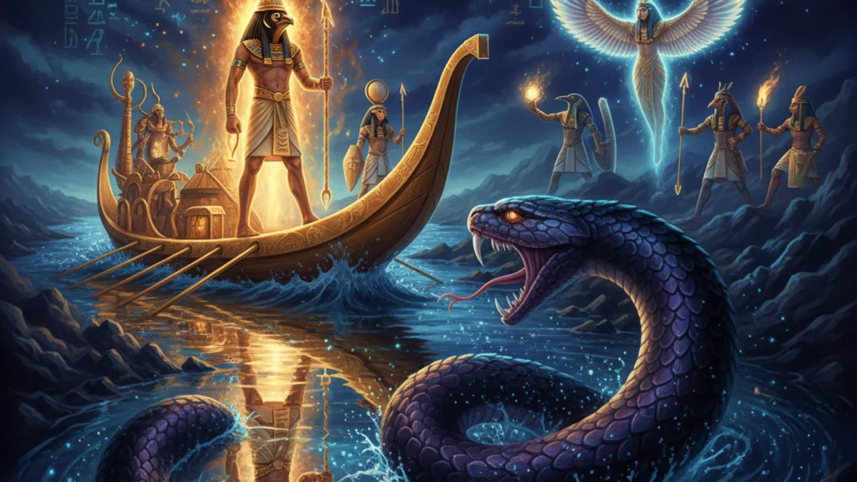 Illustration for Ra's Journey Through the Underworld - a gods and goddesses Egyptian Mythology story with moral lessons