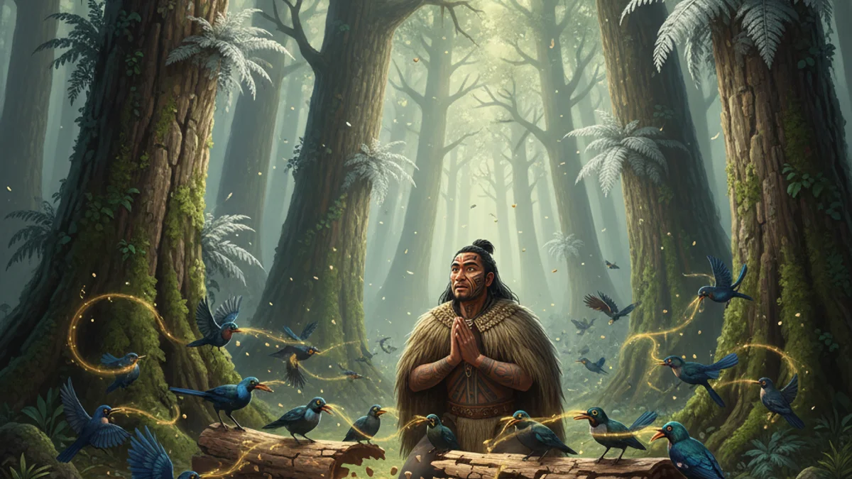 Illustration for Rata and the Waka - a hero tales Maori Mythology story with moral lessons