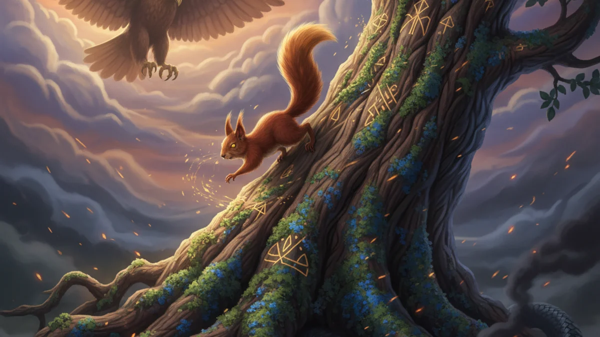 Illustration for Ratatoskr the Squirrel - a mythical beings Norse Myths story with moral lessons