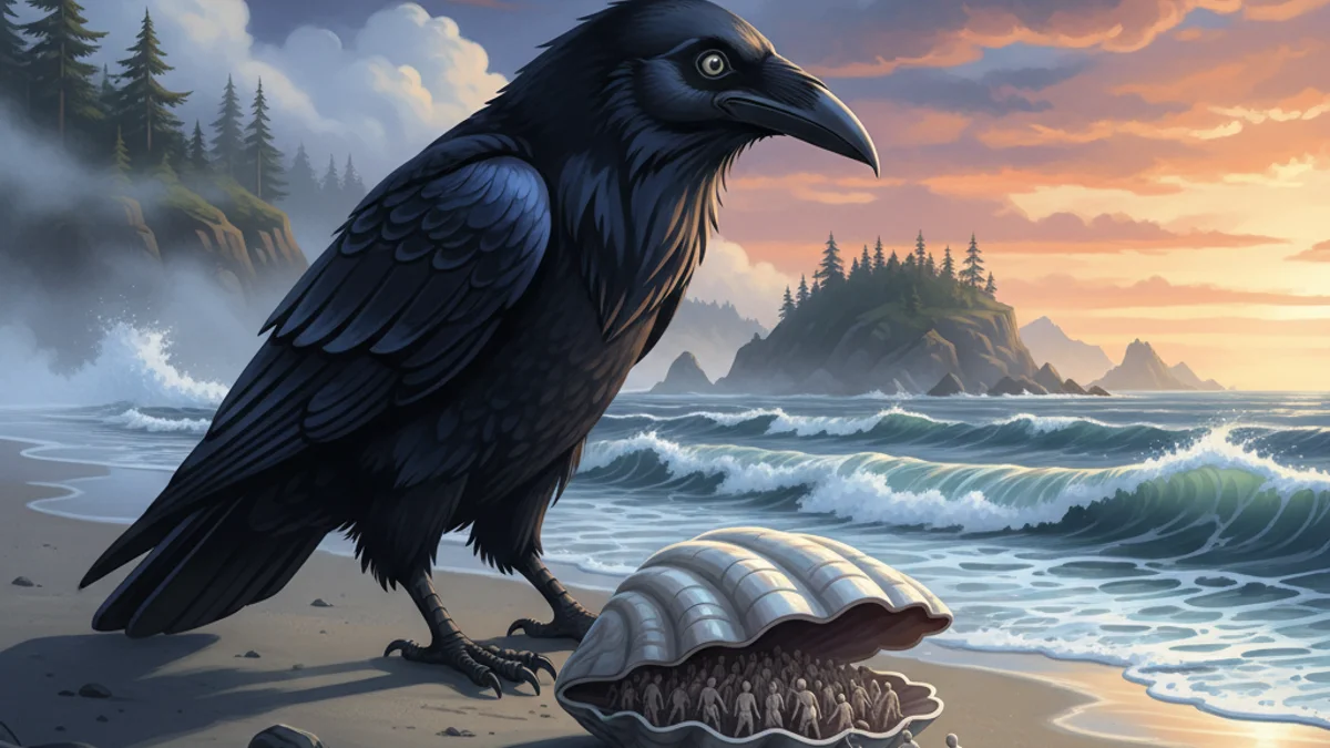 Raven and the First Men - Animal Myths story illustration from Native American Legends