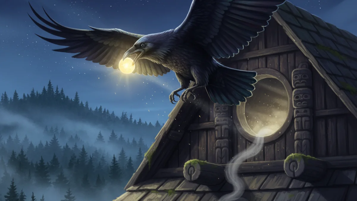 Illustration for Raven Steals the Sun - a animal myths Native American Legends story with moral lessons