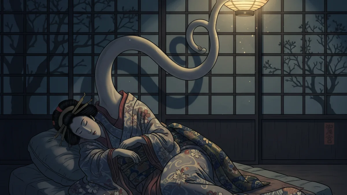 Illustration for Rokuro-kubi the Long-Necked Woman - a supernatural tales Japanese Folklore story with moral lessons