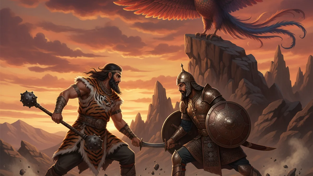 Rustam and Esfandiyar - Shahnameh Heroes story illustration from Persian Mythology