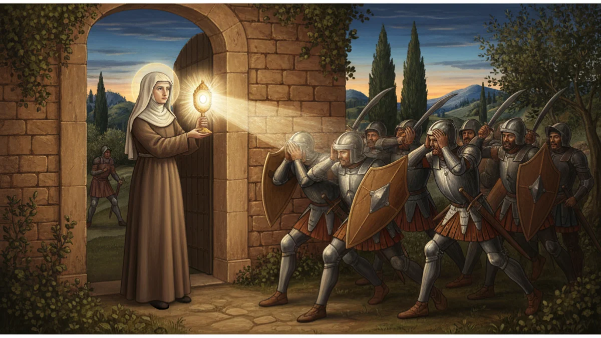 Illustration for Saint Clare and the Blessed Sacrament - a medieval saints Early Christian Saints Lives story with moral lessons