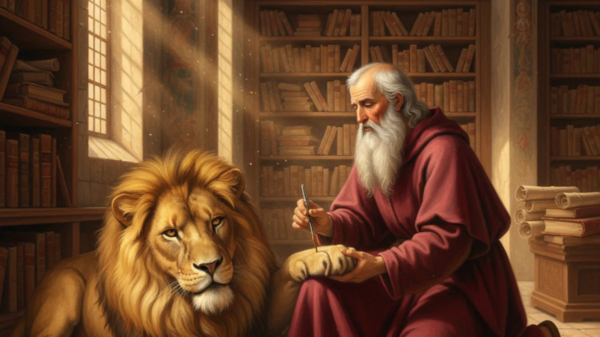 Saint Jerome and the Lion - Tales of Miracles and Martyrdom story illustration from Early Christian Saints Lives