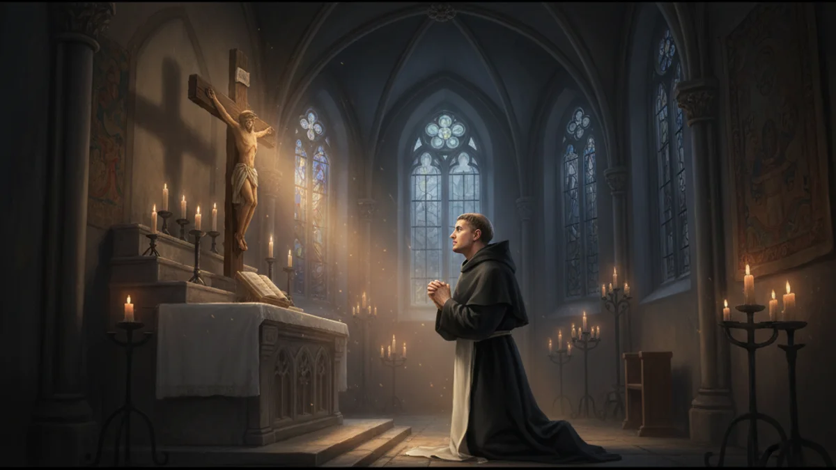 Illustration for Saint Thomas Aquinas and the Crucifix - a medieval saints Early Christian Saints Lives story with moral lessons