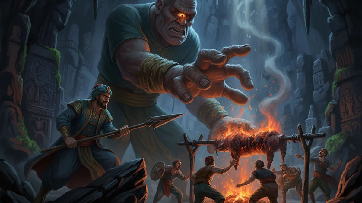 Sinbad and the Cyclops - Sinbad the Sailor story illustration from Arabian Nights