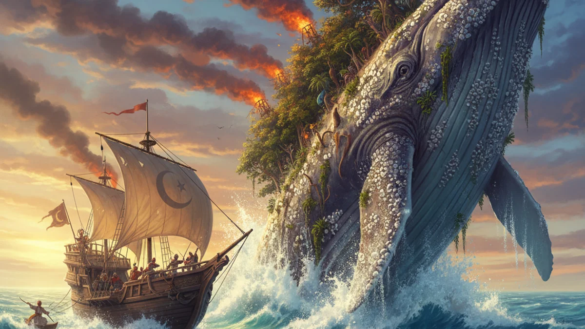 Illustration for Sinbad and the Whale Island - a sinbad the sailor Arabian Nights story with moral lessons