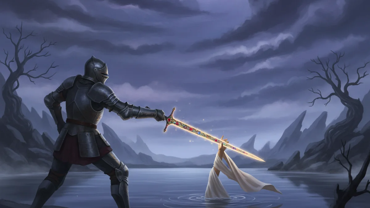 Illustration for Sir Bedivere Returns Excalibur - a knights of the round table Arthurian Legends story with moral lessons