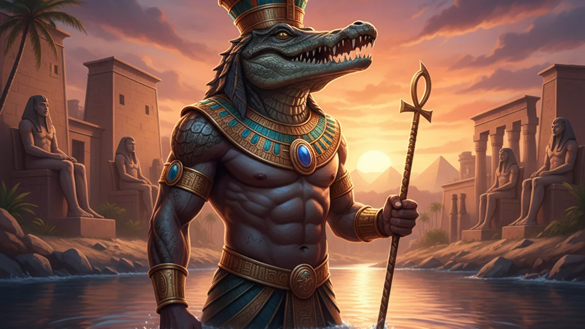 Illustration for Sobek the Crocodile God - a gods and goddesses Egyptian Mythology story with moral lessons