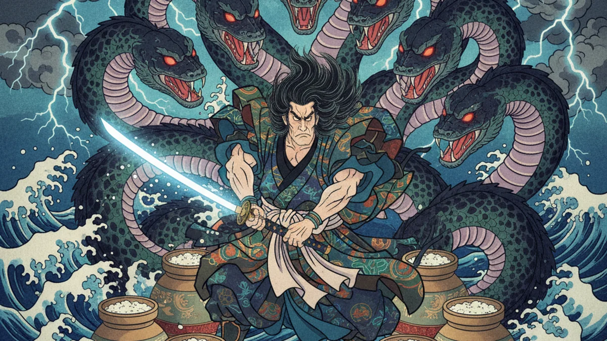 Illustration for Susanoo and the Eight-Headed Serpent - a shinto myths Japanese Folklore story with moral lessons